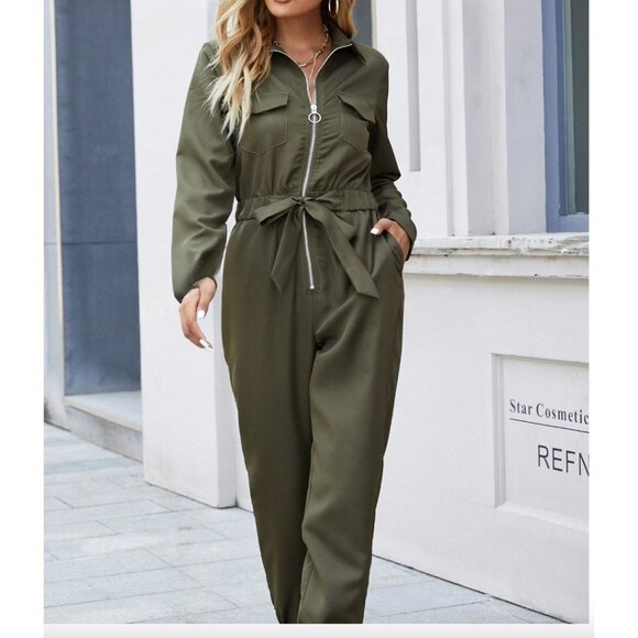 Army Green Zip Front Belted Jumpsuit - Picture 4 of 5